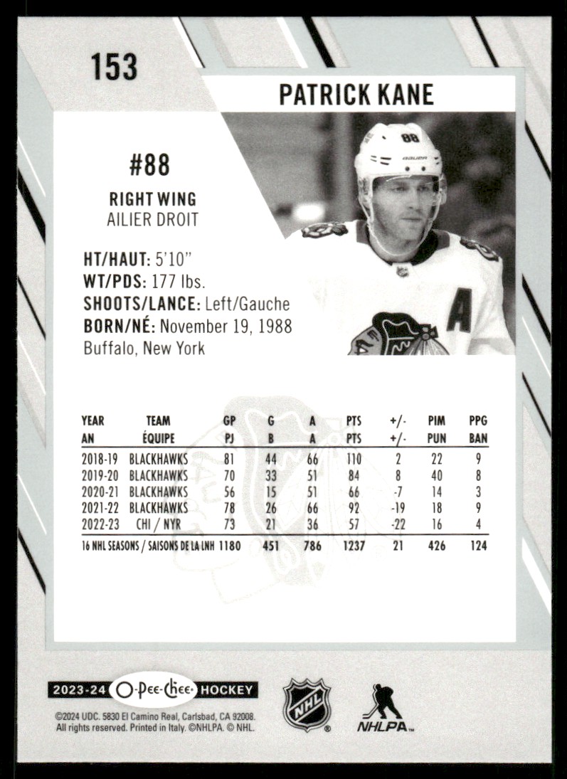 2023-24 O-Pee-Chee Patrick Kane #153 card back image