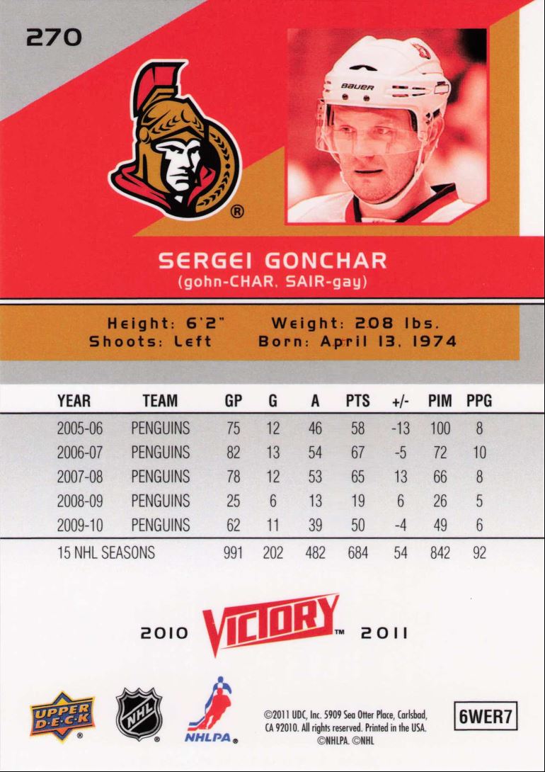 2010-11 Upper Deck Victory Sergei Gonchar #270 on Kronozio