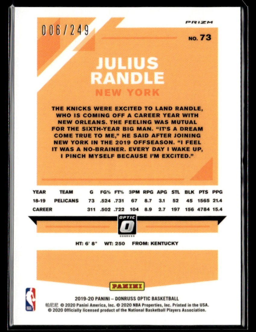 2019-20 Donruss Optic Premium Box Set Julius Randle #73 card back image