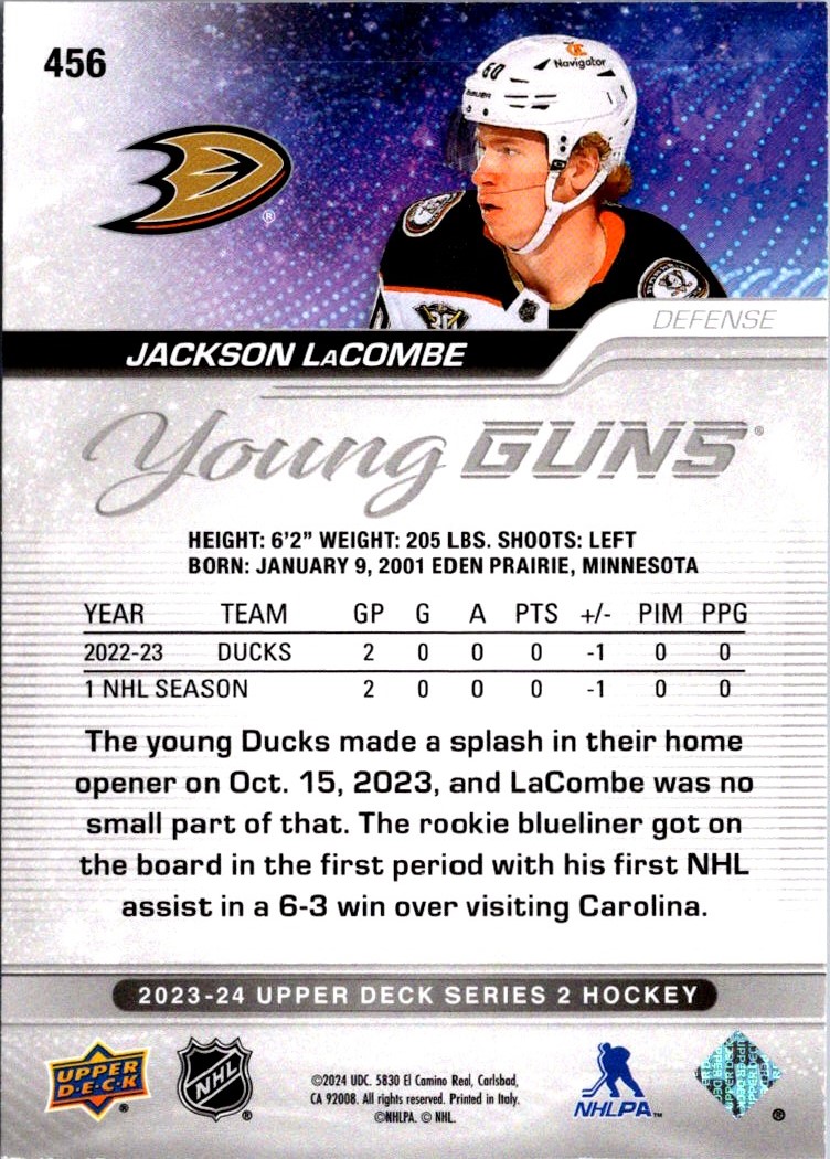 2023-24 Upper Deck Young Guns Jackson LaCombe #456 card back image