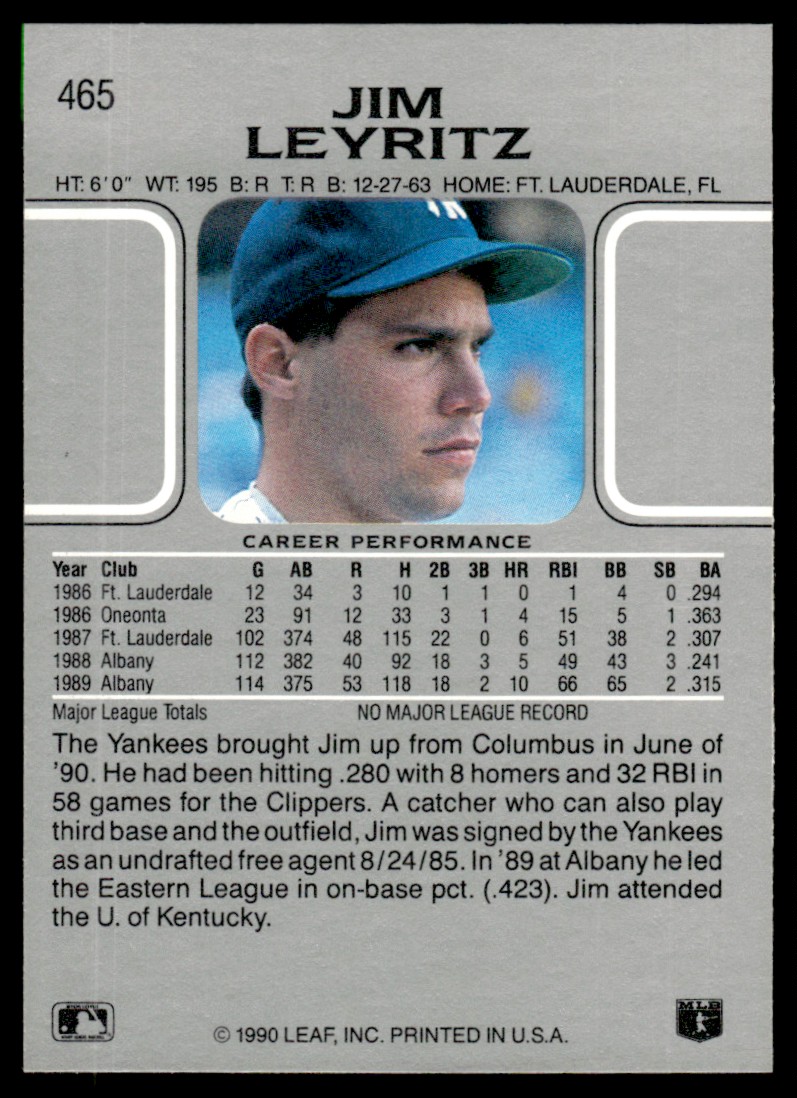 1990 Leaf Jim Leyritz #465 card back image