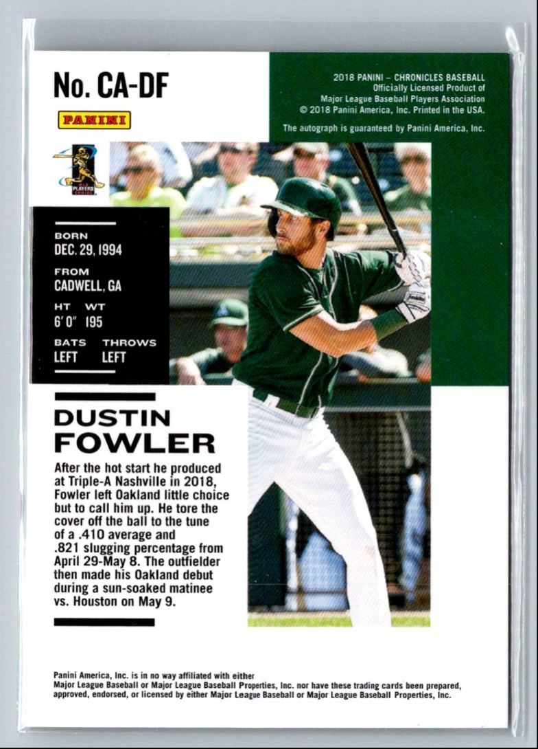 2018 Panini Chronicles Autographs Red Dustin Fowler #CA-DF card back image