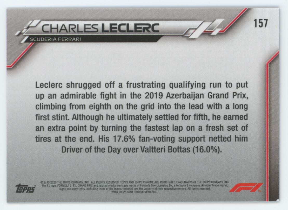 2020 Topps Chrome Sapphire Formula 1 Charles Leclerc #157 card back image