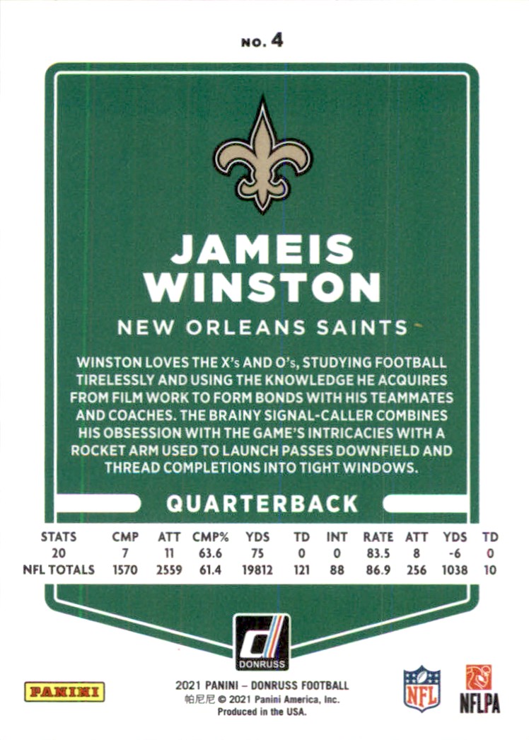 2021 Panini NFL Donruss Press Proof Gold Holo Premium Stock Jameis Winston #4 card back image