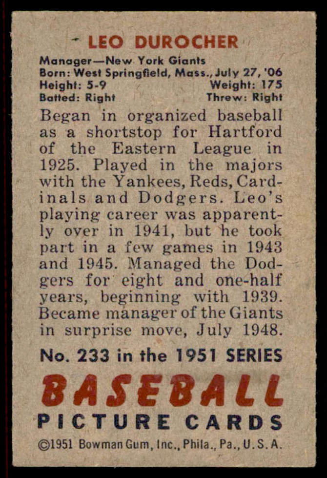 1951 Bowman Leo Durocher #233 card back image