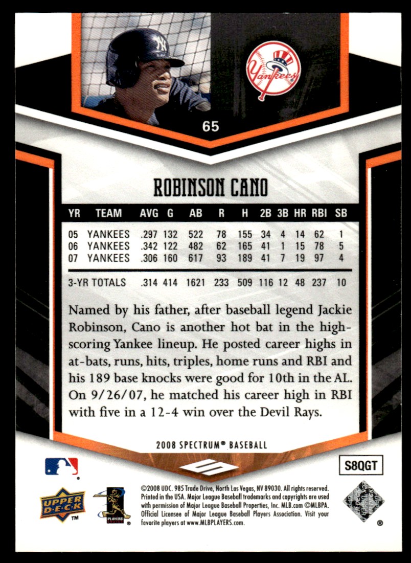 2008 Upper Deck Spectrum Robinson Cano #65 card back image