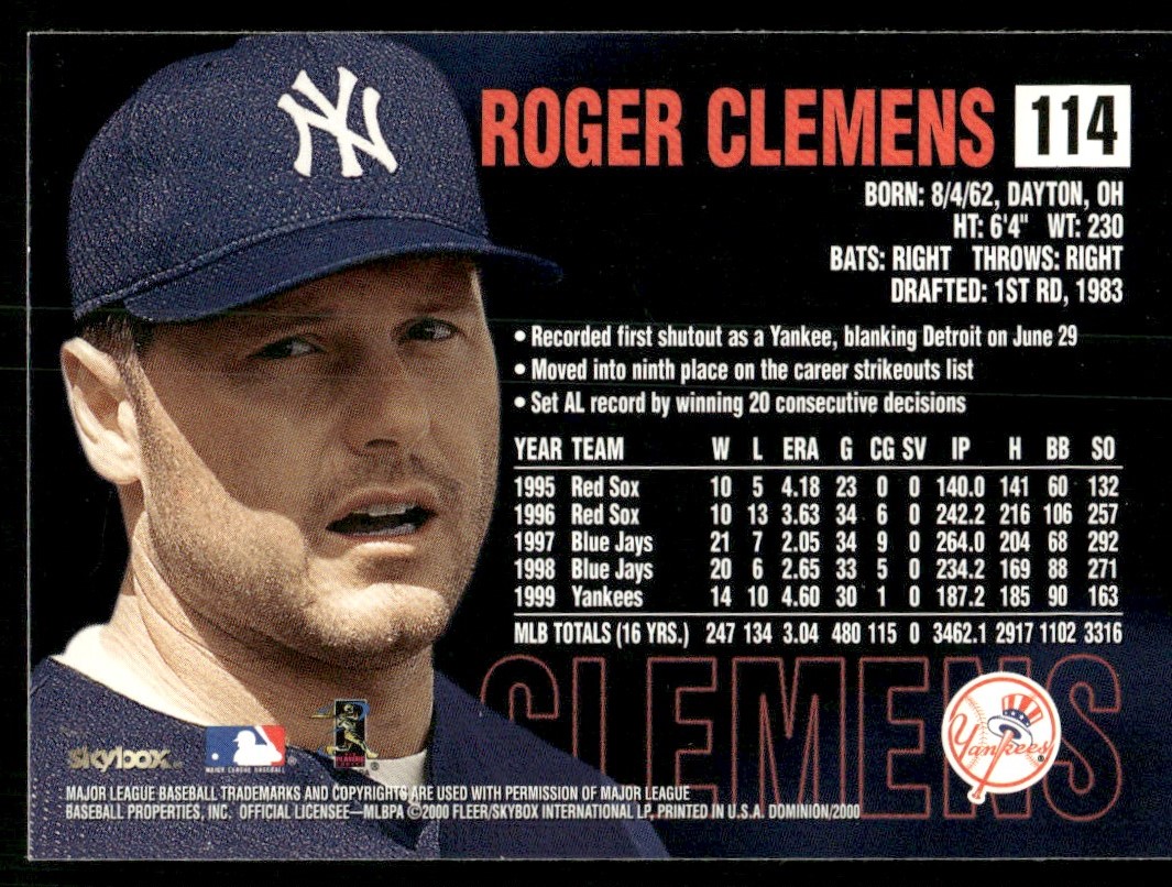 Roger Clemens New York Yankees #114 2000 Skybox Dominion Baseball