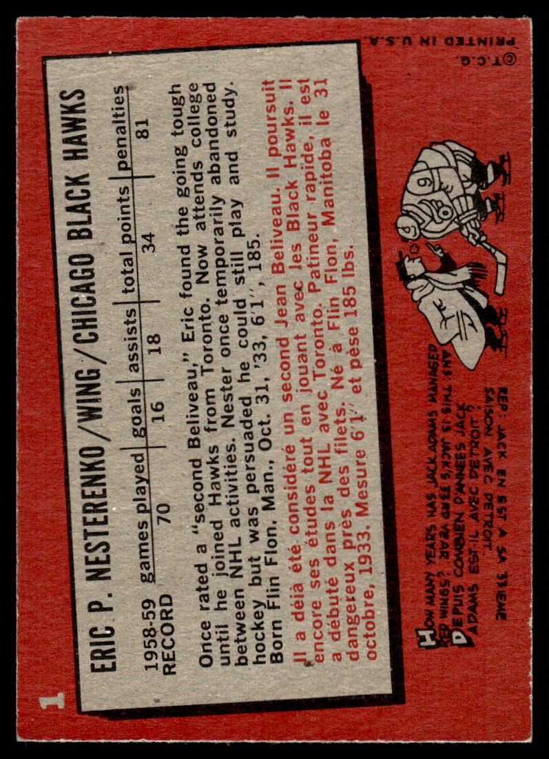 1958-59 Topps VG-EX Eric Nesterenko #53 card back image
