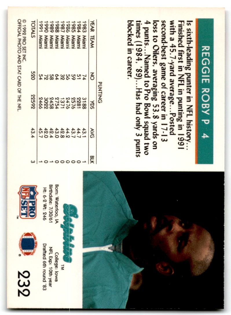 1992 Pro Set Reggie Roby #232 card back image