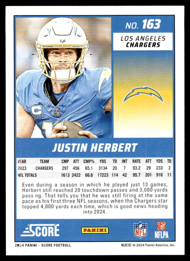 2024 Score Justin Herbert #163 card back image