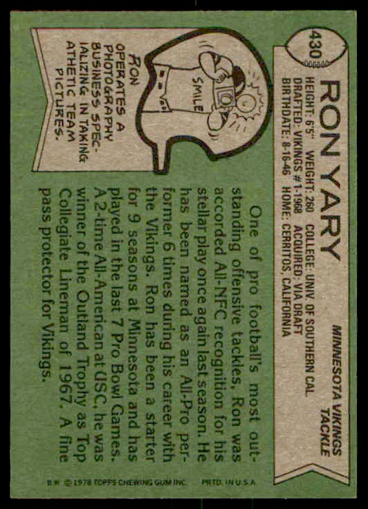 1978 Topps Ron Yary #430 card back image