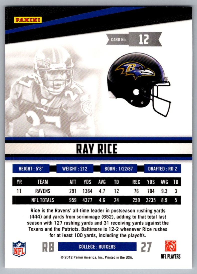 2012 Panini Rookies & Stars Ray Rice #12 card back image
