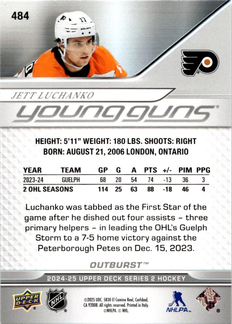 2024-25 UPPER DECK YOUNG GUNS SILVER OUTBURST JETT LUCHANKO RC