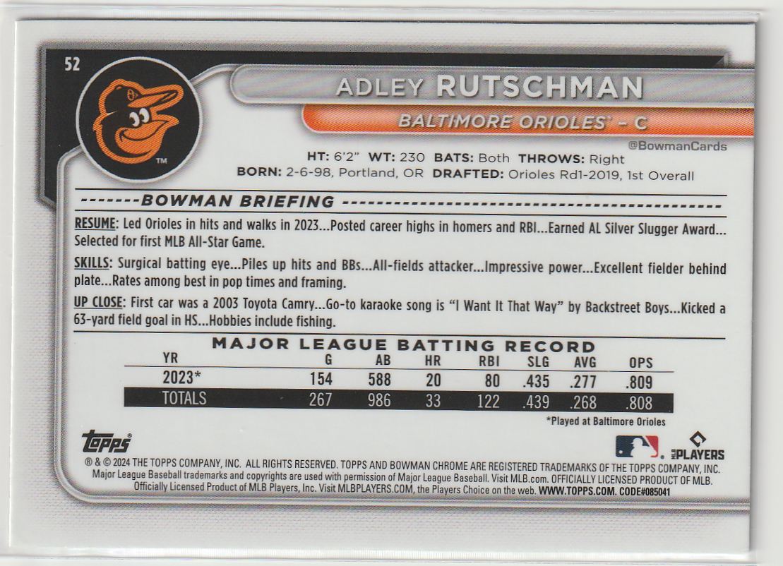 2024 Bowman Chrome Adley Rutschman #52 card back image