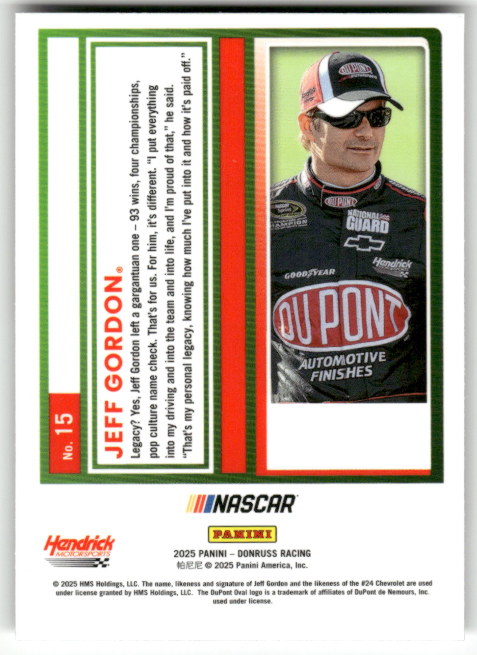 2025 Donruss NASCAR Optic JEFF GORDON #15 card back image