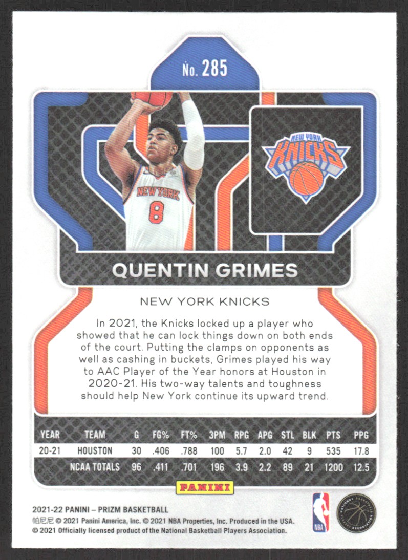 2021-22 Panini Prizm Quentin Grimes #285 card back image