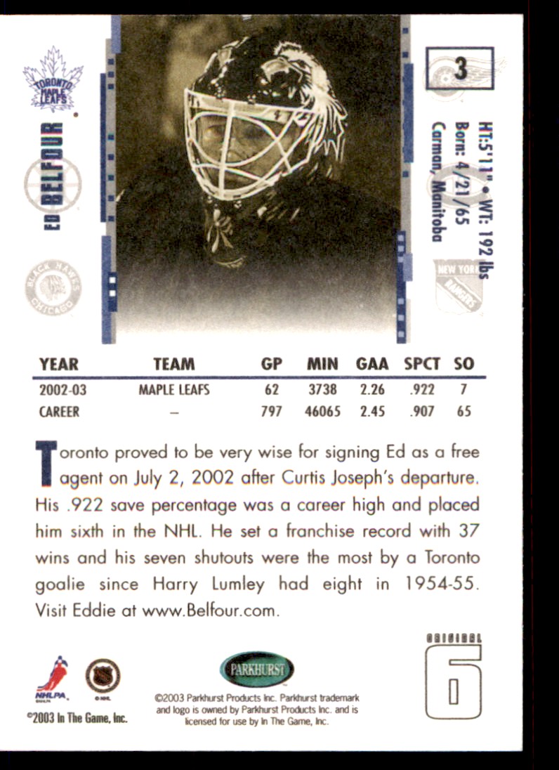 2003-04 Parkhurst Original Six Toronto Ed Belfour #3 card back image