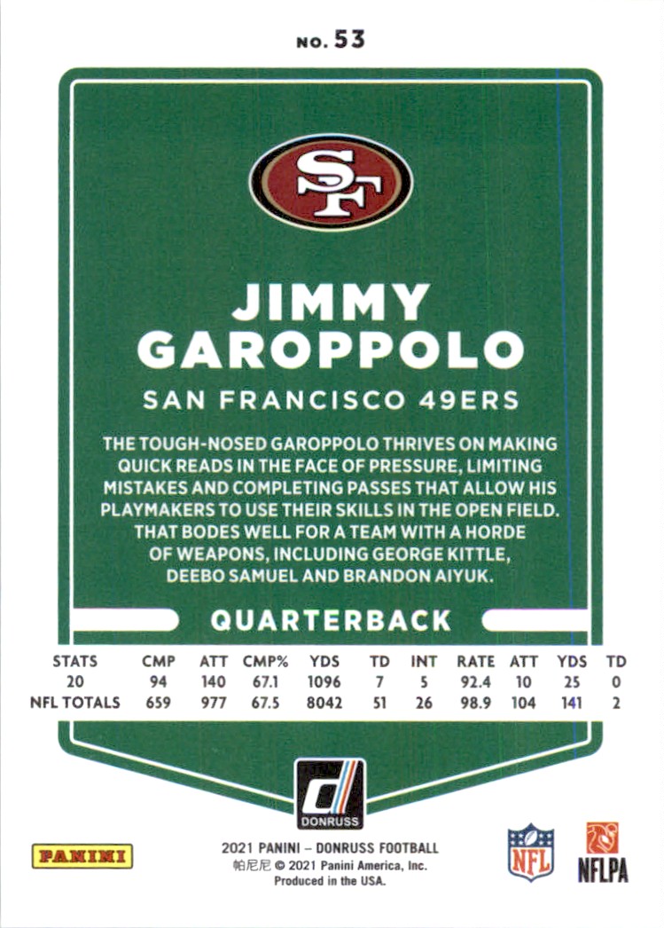 2021 Panini NFL Donruss Press Proof Gold Holo Premium Stock Jimmy Garoppolo #53 card back image
