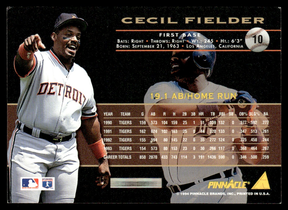 1994 Pinnacle Cecil Fielder #10 card back image