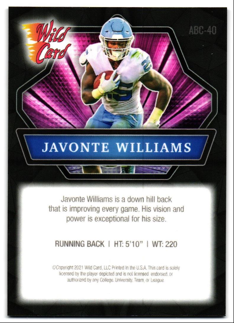 2021 Wild Card Alumination BLACK Javonte Williams #ABC-40 card back image
