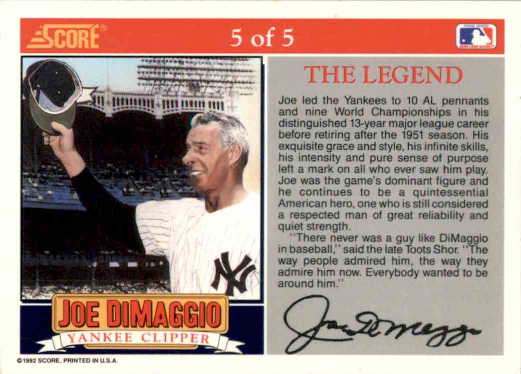 1992 Score #5 Joe DiMaggio New York Yankees Baseball Card