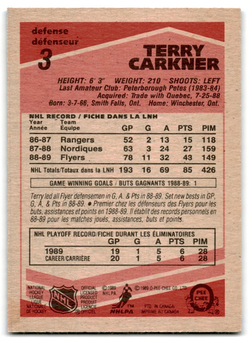 1989-90 O-Pee-Chee Terry Carkner #3 card back image