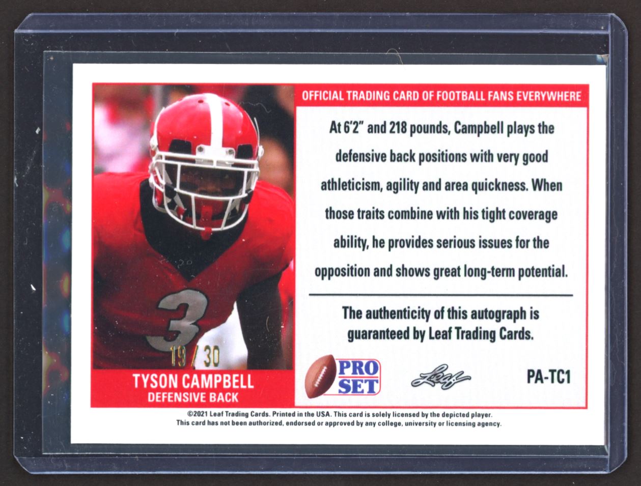 2021 Pro Set Black Tyson Campbell #PA-TC1 card back image