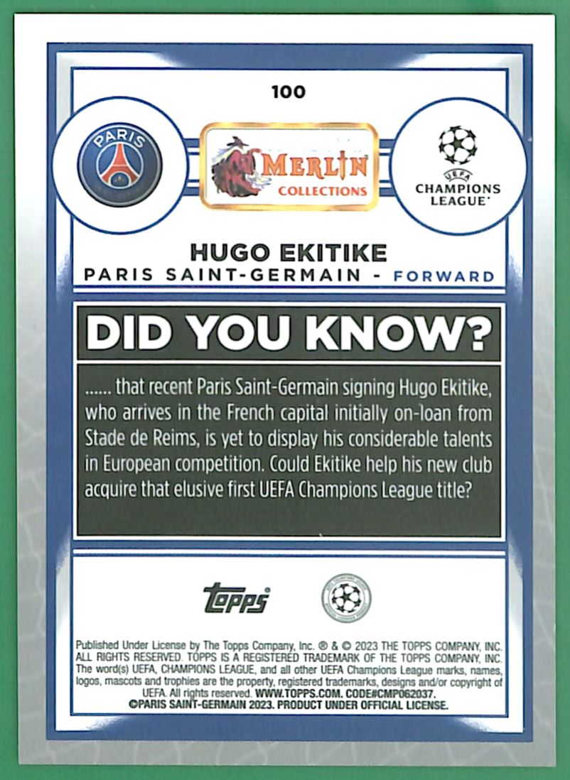 2022 Merlin Chrome UEFA Club Competitions Hugo Ekitike #100 card back image