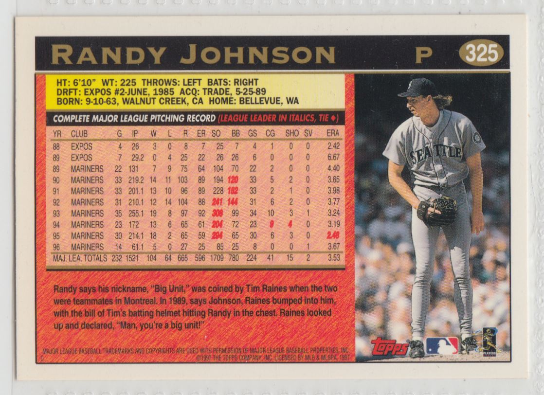 Topps Randy Johnson 1997 topps randy Johnson #325 on Kronozio