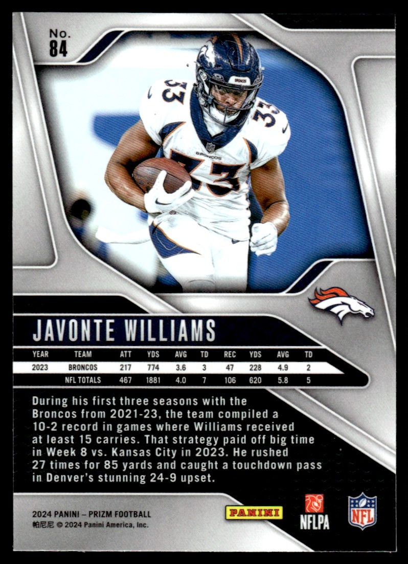 2024 Panini Prizm Javonte Williams #84 card back image