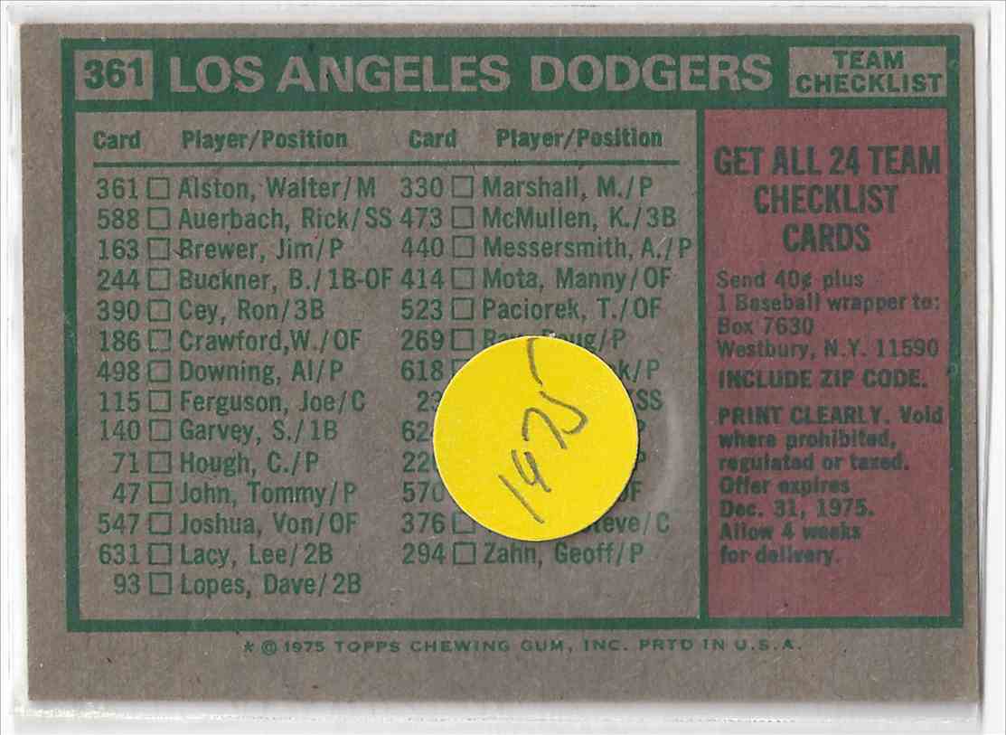 1975 Topps Los Angeles Dodgers #361 card back image