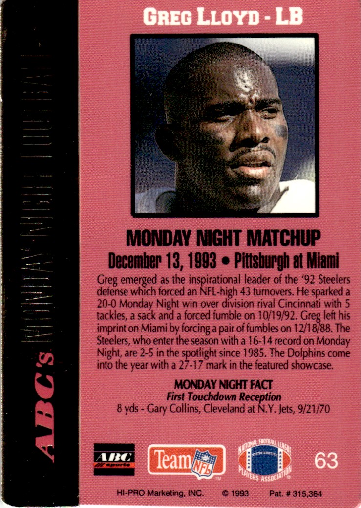 1993 Action Packed Monday Night Football Eric Green #62 card back image