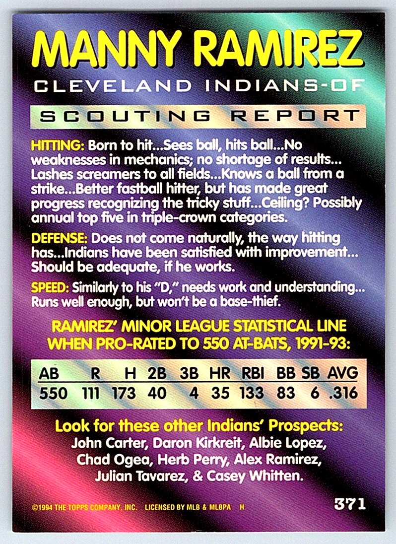1994 Bowman Manny Ramirez #371 card back image