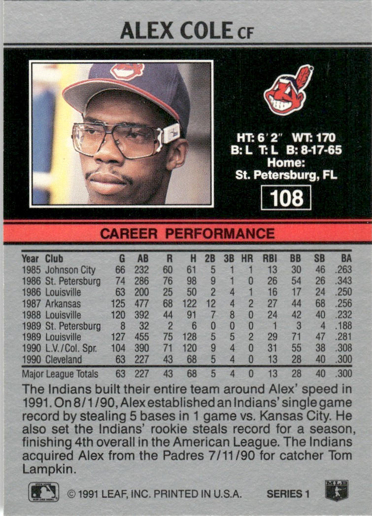 1991 Leaf Major League MLB Baseball Alex Cole #108 card back image