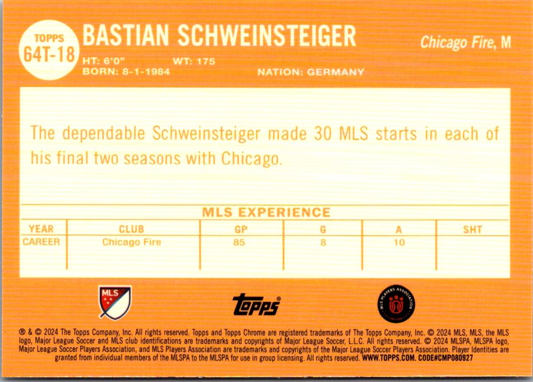 2024 Topps MLS Chrome Bastian Schweinsteiger #64T-18 card back image
