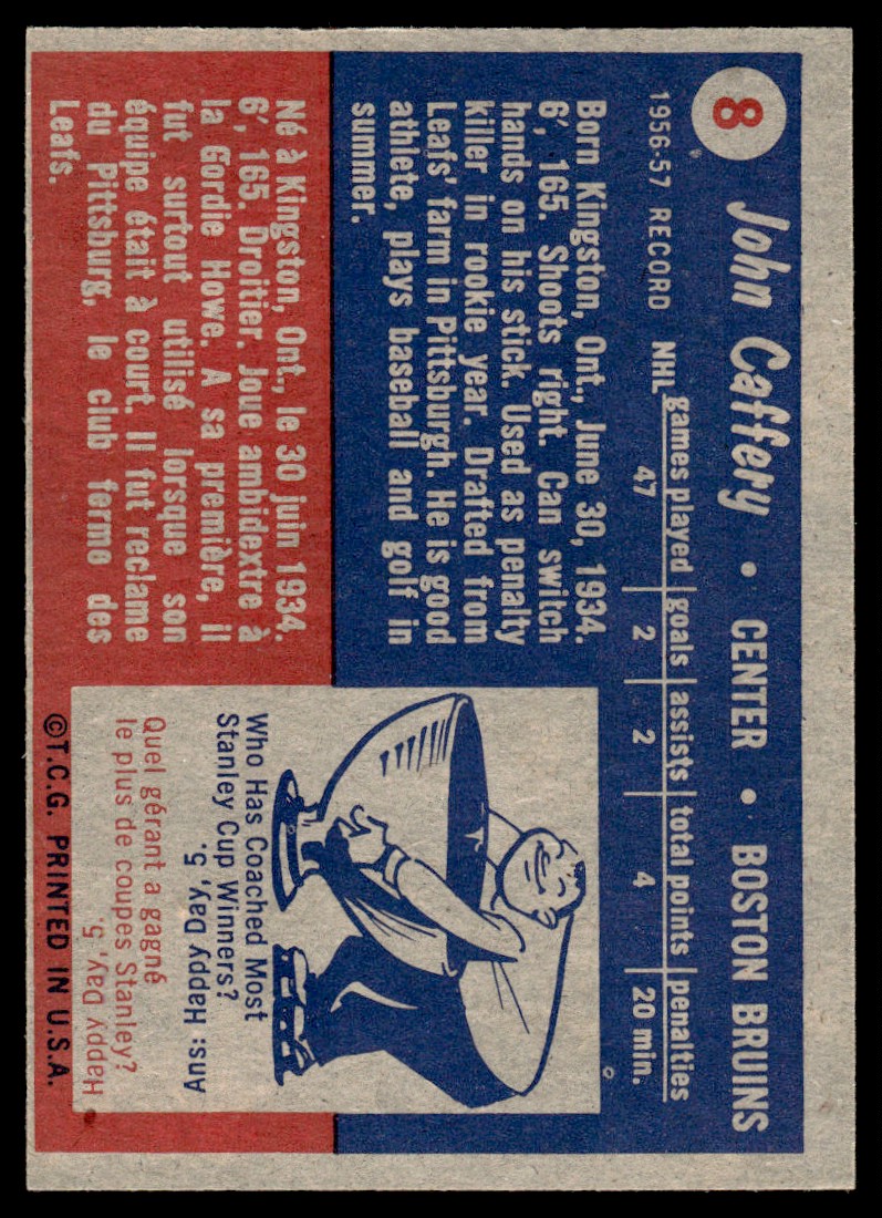 1957-58 Topps EX+ Jack Caffery #8 card back image