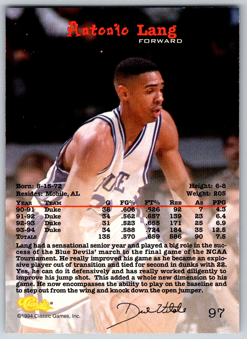 1994-95 Classic Draft ANTONIO LANG #97 Duke Blue Devils - FREE