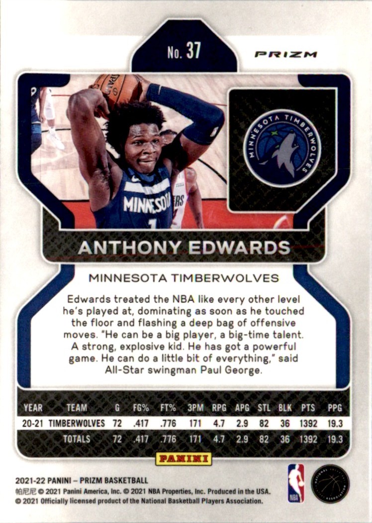 2021-22 Panini Prizm Red White Blue Anthony Edwards #37 card back image