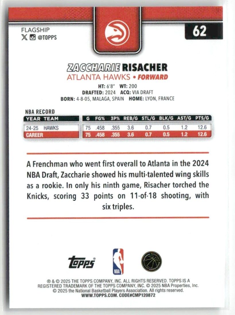 Zaccharie Risacher 2025-26 Topps 2024-2025 All-Rookie Team Atlanta 