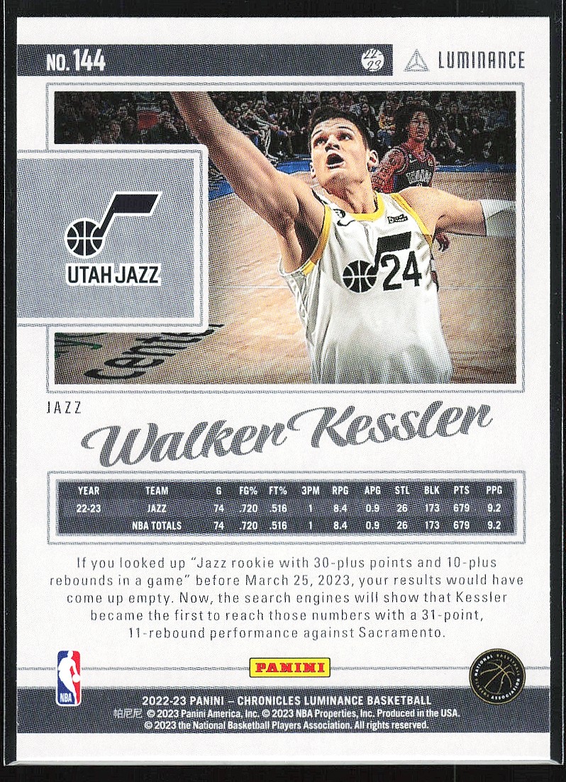 その他 PANINI CHRONICLES 2022-23 Panini Chronicles Luminance Walker Kessler Rookie