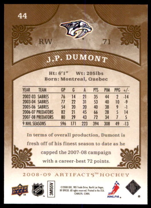 2008-09 Upper Deck Artifacts J.P. Dumont #44 card back image