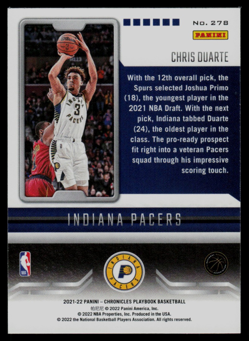 2021-22 Panini Chronicles Playbook Chris Duarte #278 card back image