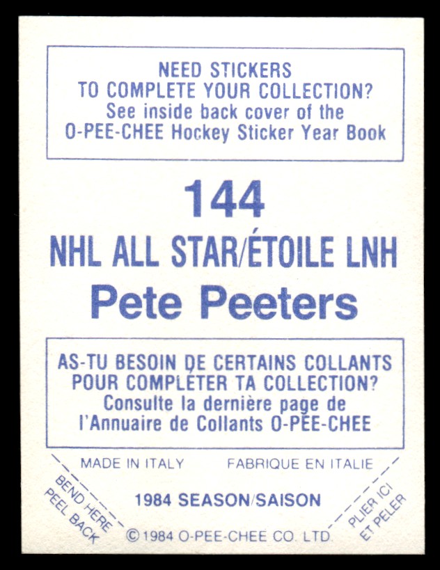 1984-85 O-Pee-Chee Stickers * Pete Peeters #144 card back image
