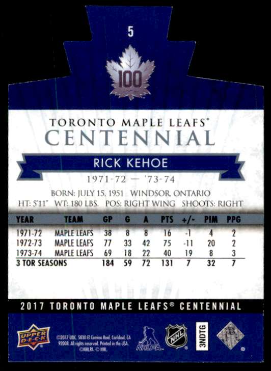 2017-18 Upper Deck Toronto Maple Leafs Centennial Die Cut Rick Kehoe #5 card back image