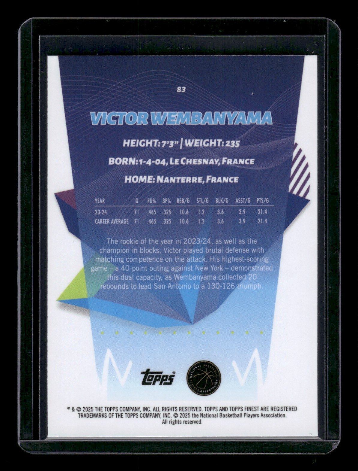 2024-25 Topps Finest VICTOR WEMBANYAMA #83 card back image