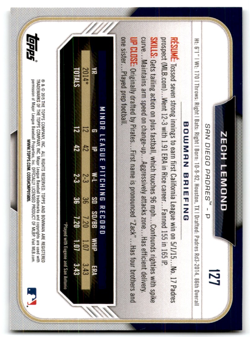 2015 Bowman Draft Picks & Prospects Zech Lemond #127 card back image
