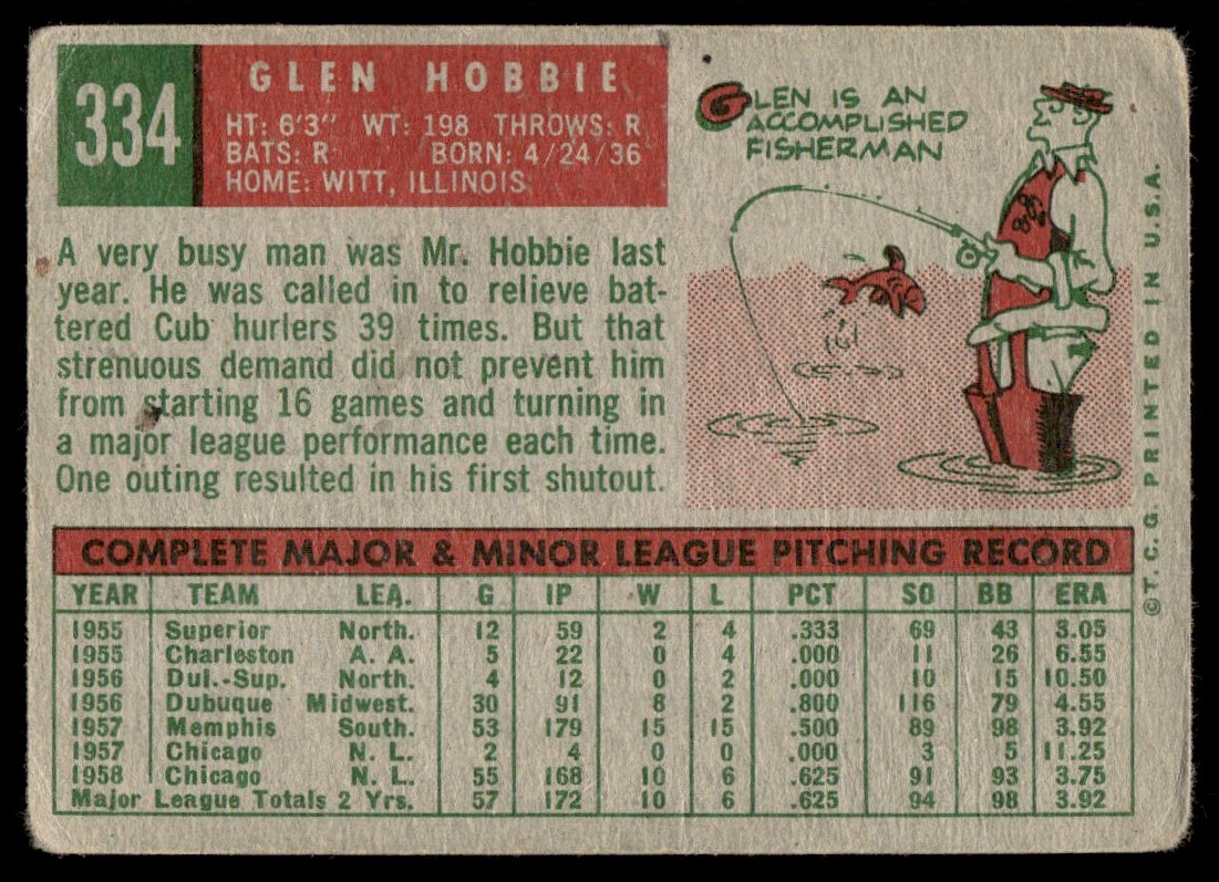 1959 Topps Glen Hobbie #334 card back image