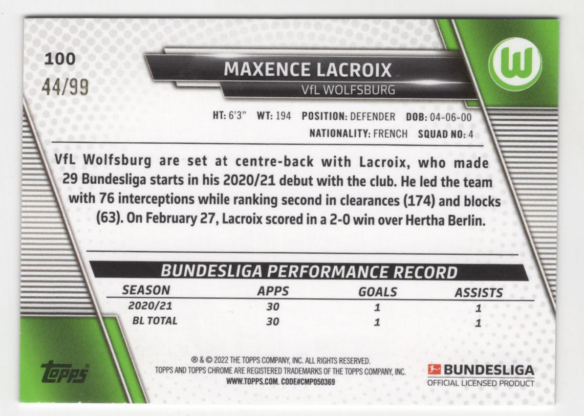 2022 Topps Chrome Bundesliga Maxence Lacroix #100 on Kronozio