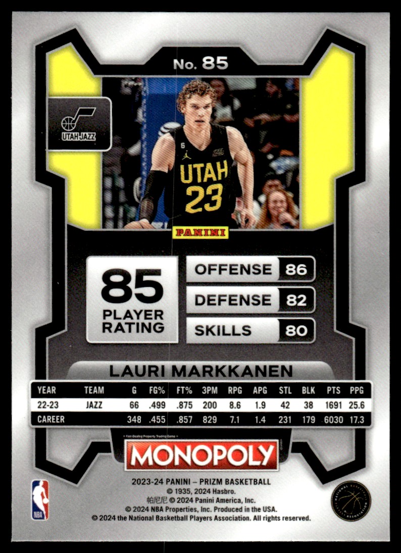 2023-24 Panini Prizm Monopoly Lauri Markkanen #85 on Kronozio