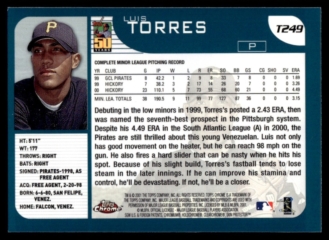 2001 Topps Chrome Traded & Rookies Chrome Luis Torres #T249 card back image